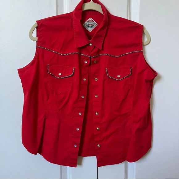 Vintage Cumberland Outfitters Red Western Coastal Cowgirl Snap Button Sleeve Top - Picture 2 of 6